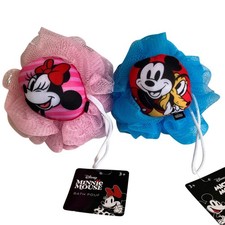 Disney Mickey Minnie Mouse Loofah Bath Shower Pouf Set of 2 Blue Pink NWT