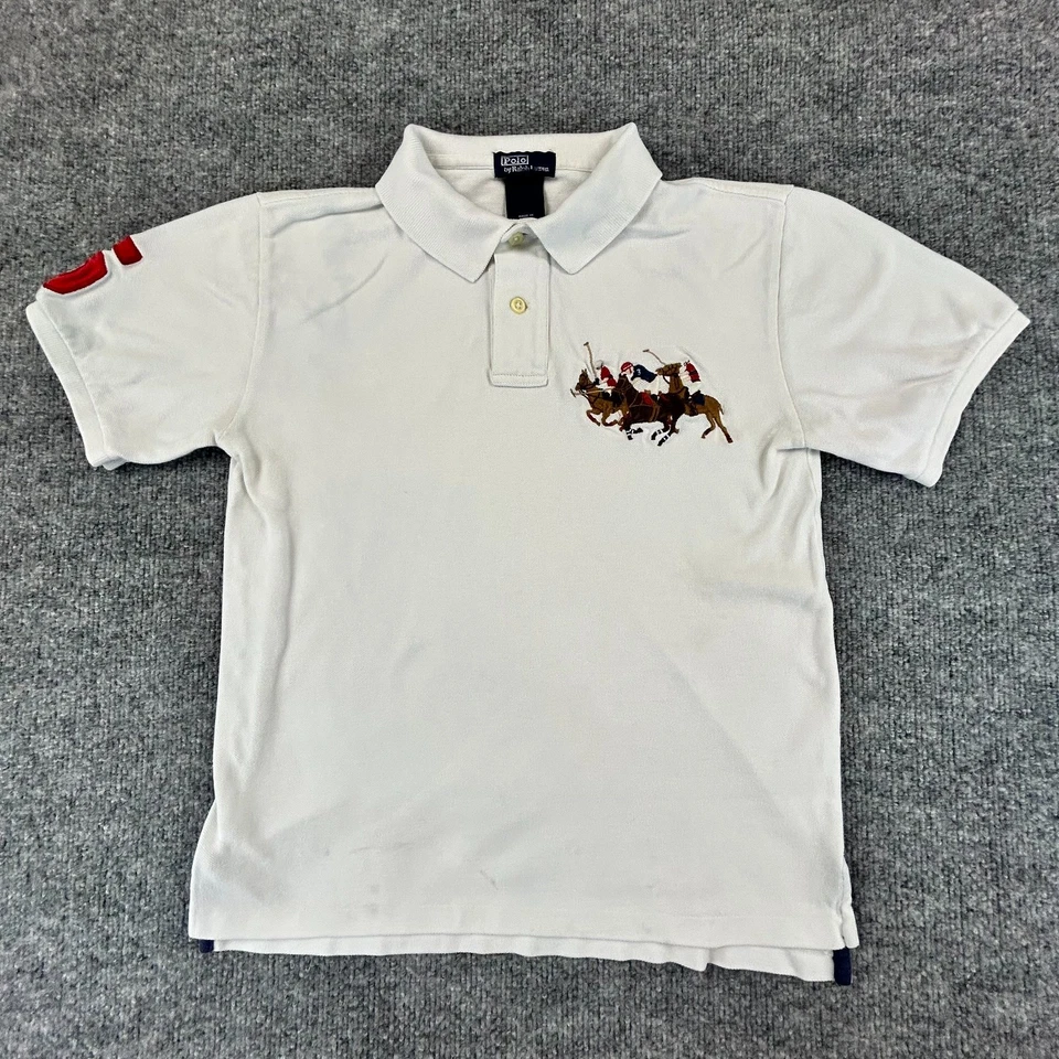 Camisa Polo Ralph Lauren Vintage Niños Pequeña 8/10 Blanca Triple Pony Estampida Años 90 Foto 2 de 4