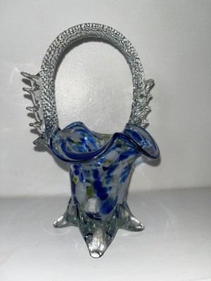 Vintage Murano Kunstglas Süßigkeitenkorb Glas Kristall blau gelb weiß