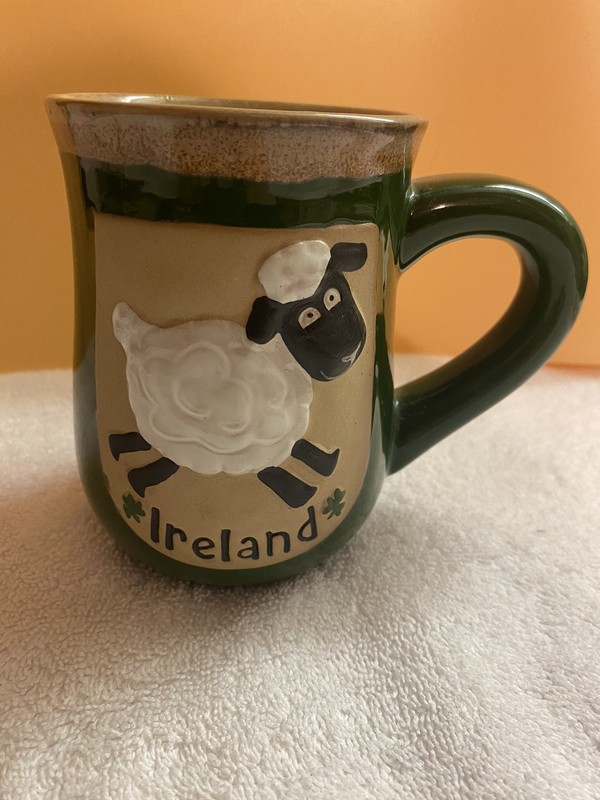 Made In Ireland Green Mug, Raised Black-Faced Sheep Design with Shamrocks.