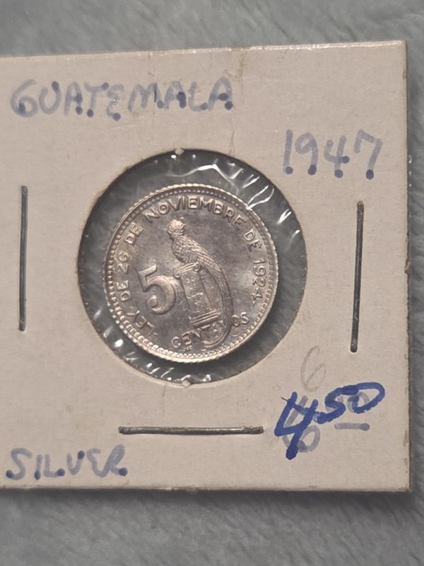 1947 Guatemala 72% Silver 5 Centavos Coin - Quetzal Bird ***SEE PICTURES ***