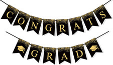 Congrats Grad Banner Class of 2024 Graduation Decorations, No DIY, Gold and Blac