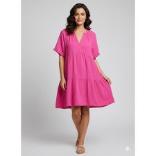 Gap Pink Crinkle Gauze Tiered Mini Dress Short Sleeve Split Neck SZ Large NWT