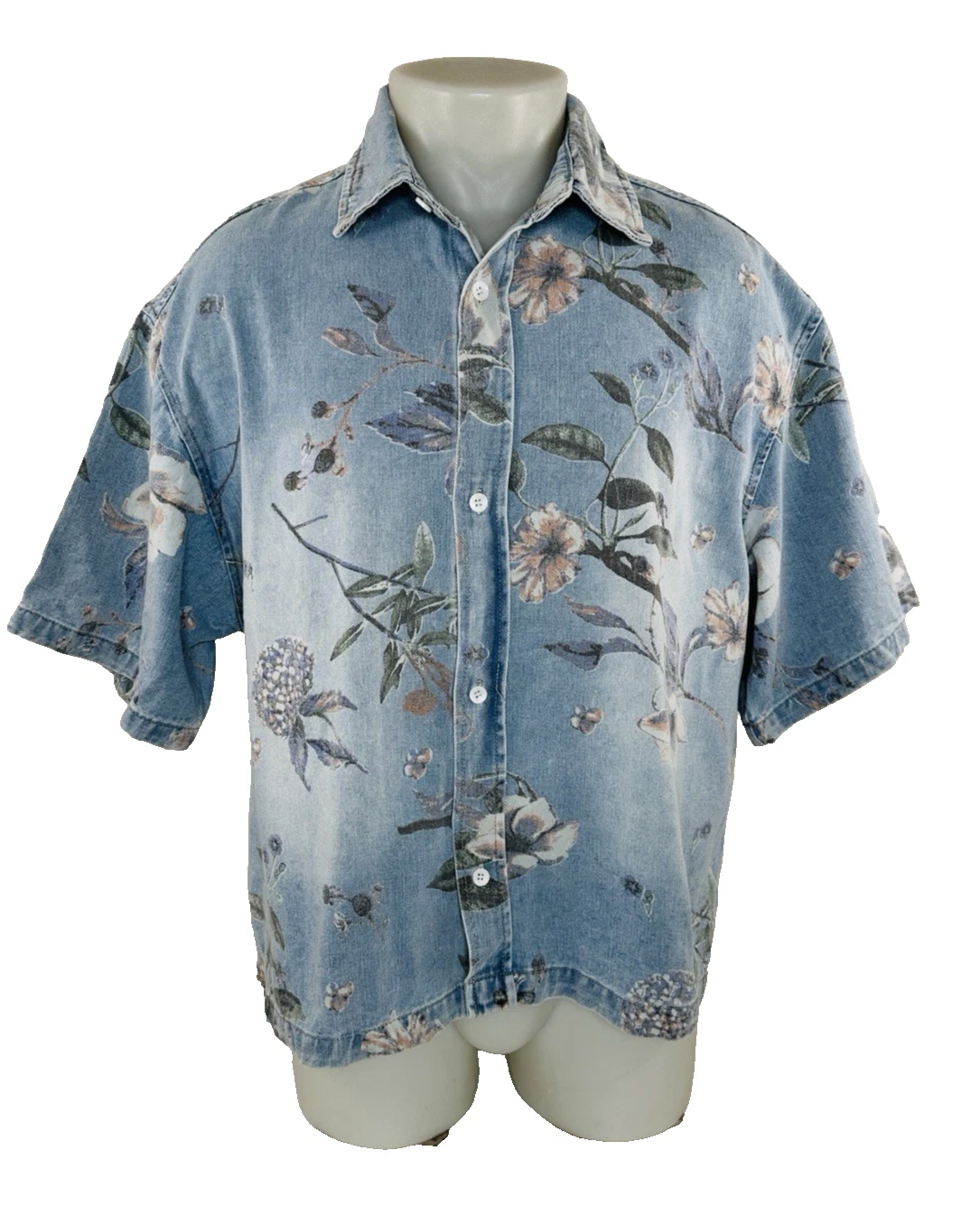 R - Distress Mens Medium Denim Floral Shirt