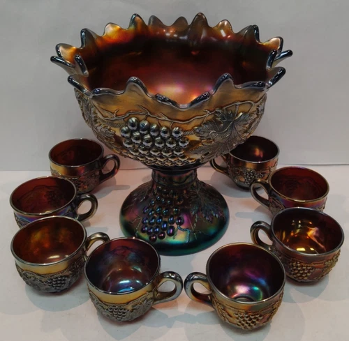 Northwood Grape and Cable Punch Set - Amethyst Carnival Glass - 10 pc.