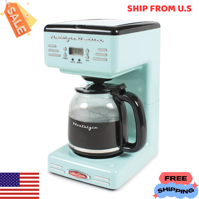 Nostalgia 12-Cup Programmable Coffee Maker with Pause Serve Keep Warm in Blue