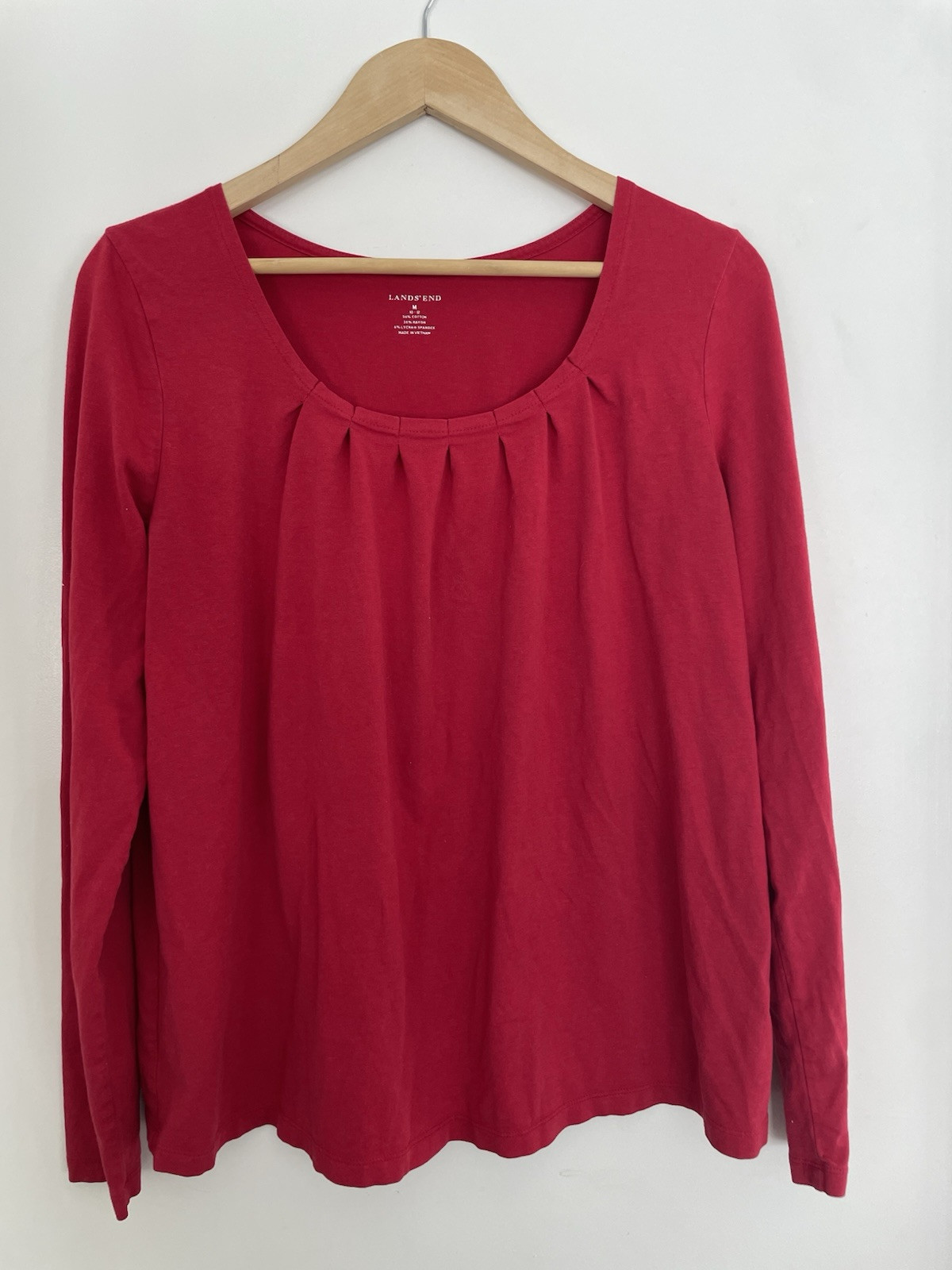 Lands' End Women's Solid Red Pleated Neckline Cotton Blend Long Sleeve Shirt M