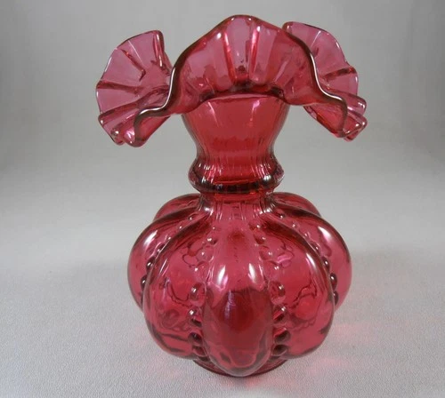 Fenton Cranberry Glass Ruffled Rim Vase Melon Ribbed Optic Beaded Vase