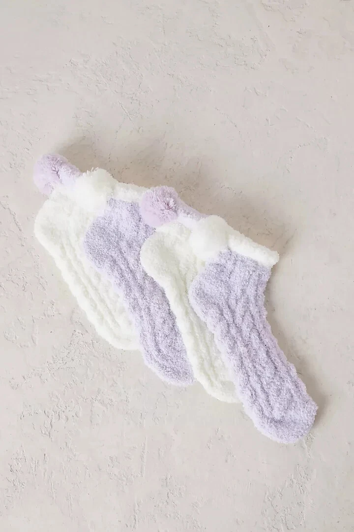 Anthropologie Socks LEMON Set 2 POM POM Lavender Ivory Ankle Super SOFT Pair NWT