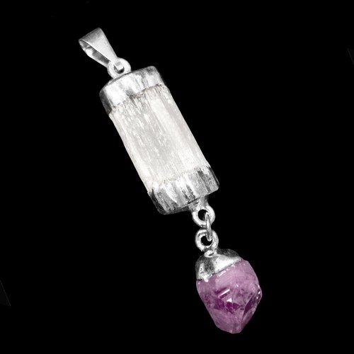 Selenite Amethyst Chakra Crystal Pendant CHARGED 925 Sterling Silver Necklace He - Picture 9 of 10