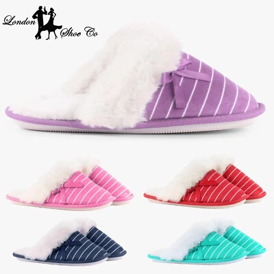 LONDON SHOE CO Ladies Slip On Striped Fur Slippers Size 3 to 8 UK - WOMENS WINTER WARM MULES