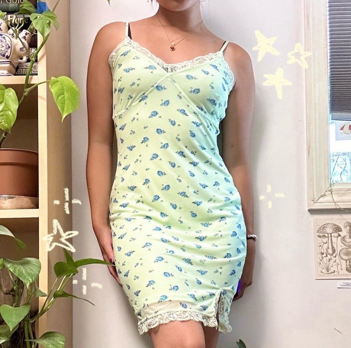 Wild Fable Coquette Fairy Mesh Green Floral Lace Trim Slip Mini Dress Y2K M  New