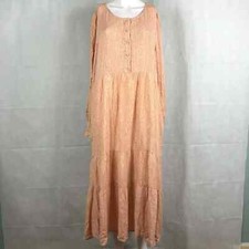 Aura Dress Womens Sz M Orange Dotted Long Sleeve Tiered Midi Tiered Boho Pockets