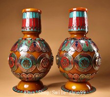 Coppia vaso bottiglia simbolo fengshui gemma intarsiata argento cera d'api tibetana 12"