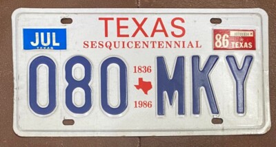 Texas 1986 SESQUICENTENNIAL License Plate # 080-MKY