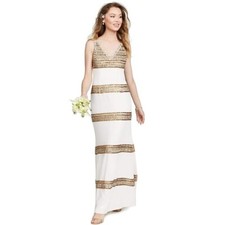 Adrianna Papell Women 2 Ivory Gold Embellished Sleeveless Long Dress NWT F57
