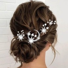 4 Pack Star Moon Hair Clips Silver Stars Bridal Hair Pins Rhinestone Pearl