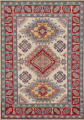 Geometric Tribal Style Kazak Hand-Knotted Wool Rug 4x6 ft