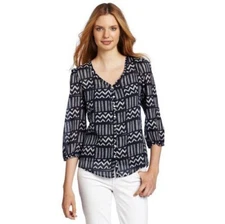 John Robshaw Lucky Buttondown Printed Shirt Blouse Top Navy Cotton S NEW 222412