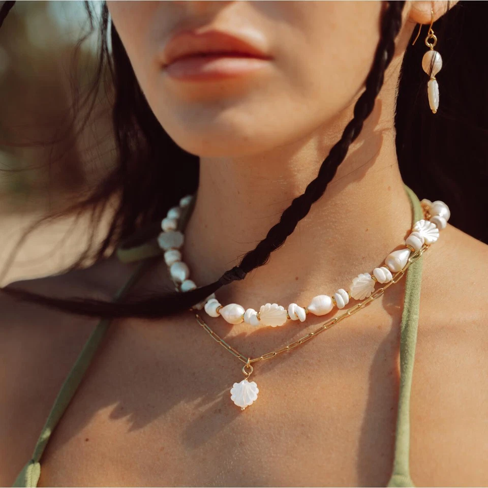 Damenkette Perlenkette Weiß 18K vergoldet Muschelkette Perlmutt Kette K6245DS - Bild 4 von 4