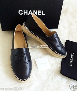 NIB CHANEL Black Leather Espadrilles CC Logo Cap Toe Flats Shoes 36 37 ...