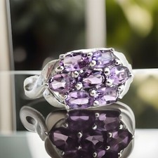 New Sterling Silver 925 Natural Amethyst 3 Row Ring Size 7