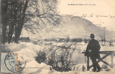 Old postcard 38 LES BORDS DE L'ISERE SNOW EFFECT