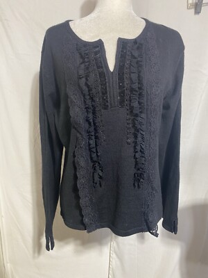 Women s Vintage Carducci Black Knit Beaded Pullover V-Neck Sweater -L