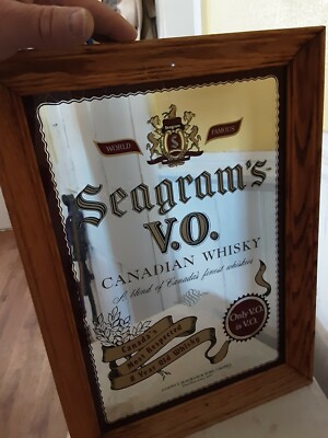 VINTAGE SEAGRAM'S V.O. CANADIAN WHISKEY WOOD FRAMED BAR MIRROR