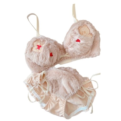 Women s Anime Bear Plush Bra and Tie Side Panty Set No Underwire Furry Underwear - Picture 14 of 17