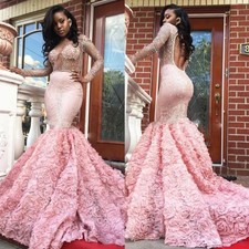 Luxury Pink Mermaid Prom Dresses Long Sleeves Lace Sequins Beaded Evening Gowns