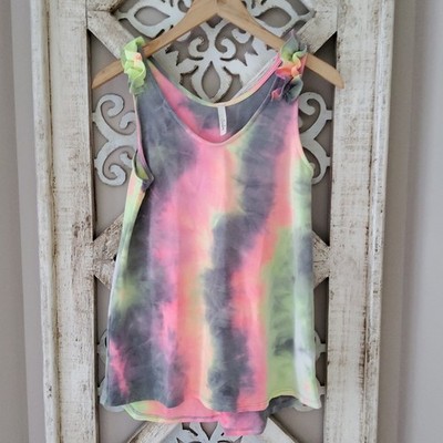 Celeste Women's Soft French Terry Ruffle Relaxed Tank Top Retro Neon Tie Dye