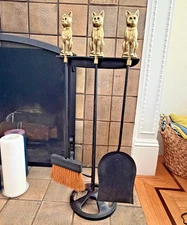 Vintage 4-Piece Brass Cat Fireplace Tools Set Green Eyes - MCM