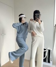 AIo New Waffle Zipper Knitted Hoodie High Waist Casual Pants Top  Pants Sets