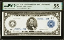 $5 1914 Federal Reserve Note Philadelphia White | Mellon PMG 55 About  