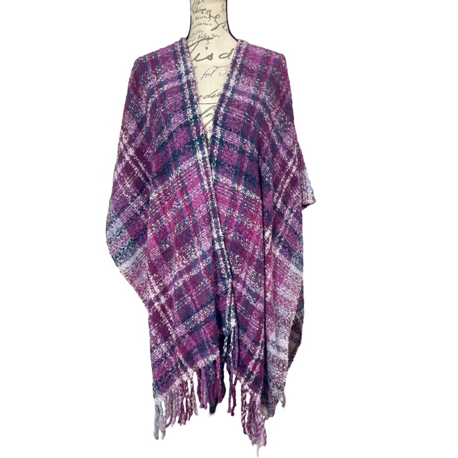 Woolrich Plaid Blanket Coat Wrap SHAWL Cape PONCHO Purple Blue Women's ONE SIZE