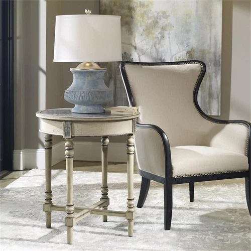 Uttermost Sandy Traditional Wood and Fabric Wingback Arm Chair in Beige - Picture 9 of 12