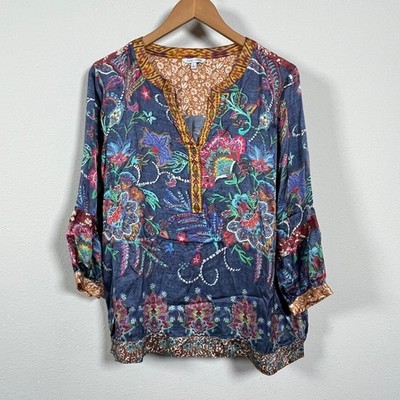 John Mark Tunic Top Women L Blue Multi Excellent Mixed Floral Print Boho Blouse