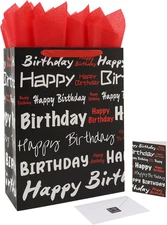 16.5” Extra Large Black Happy Birthday Gift Bag Set with Handles, Greeting Card,