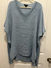 Saks Fifth Avenue Tunic Large 100% Linen Womens Clear Sequins V-Neck Split Sides