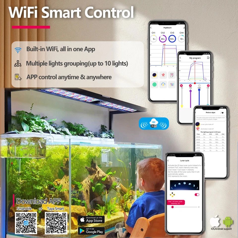 PopBloom WiFi Acuario Luz Pecera Espectro Completo para 36" 48" 72" Planta Tanque Foto 3 de 4