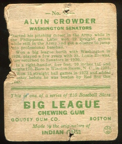 1933 Goudey (R319) #95 Alvin Crowder Washington Senators - Rookie Card - Picture 2 of 2