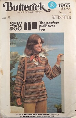 BUTTERICK 4965 VTG 70s Tunic Top V Pullover Uncut Sew Pattern Misses 12 Sew & Go