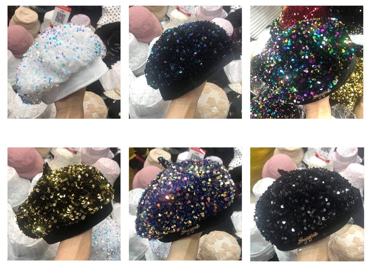 Women Artist Beret Sparkle Bling Shiny Sequins Casual Hat 