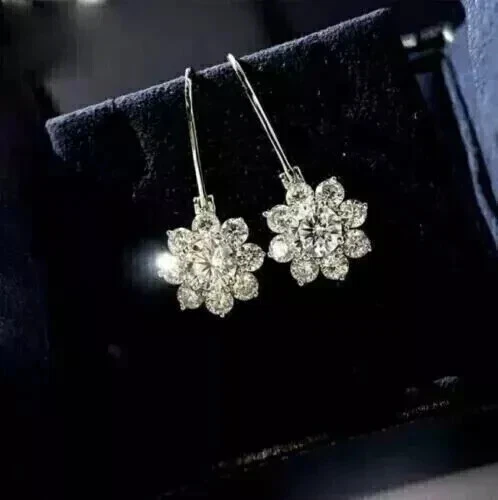 Pendiente colgante/gota de mossanita real redondo de 2 quilates enchapado en oro blanco de 14 quilates para mujer Foto 4 de 4