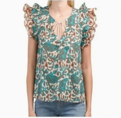 House of Harlow 1960 Flutter Sleeve Ruffle Top Size XS Brown Teal Print NWT
