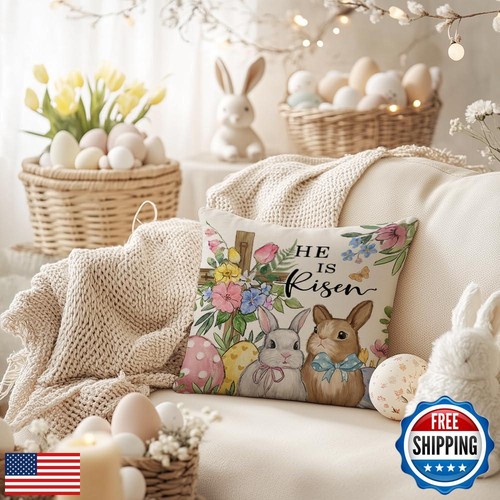 AACORS Easter Pillow Cover 18x18 Inch Cross Bunny Eggs Floral Decorative Pill - Picture 2 of 5