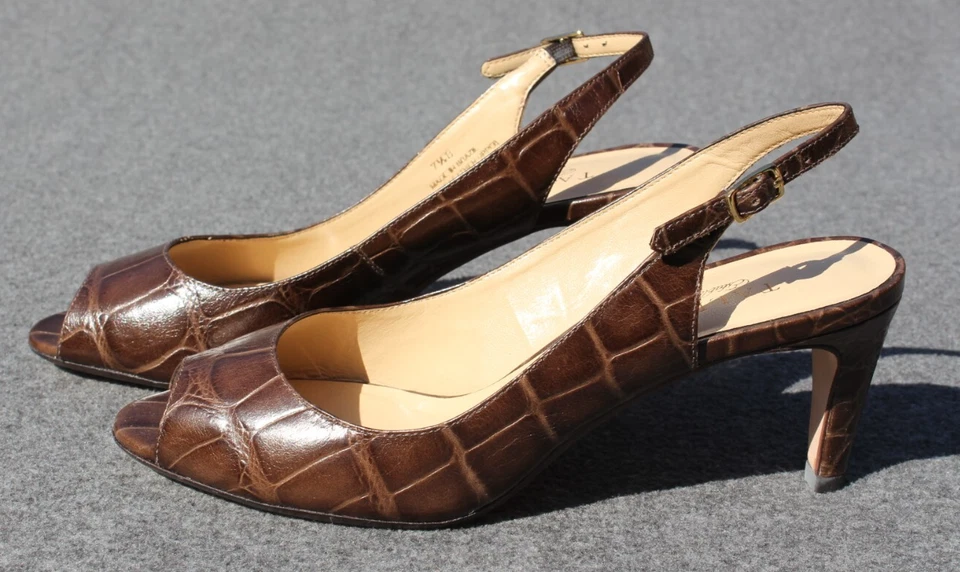Talbots Talla 7.5 B Marrón Imitación Estampado de Cocodrilo Tirantes Punta Abierta Tacón Eslinga Foto 2 de 4