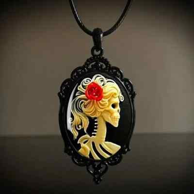 Halloween Gothic Skull Queen Black Embossed Oval Glass Pendant Necklace Jewelry
