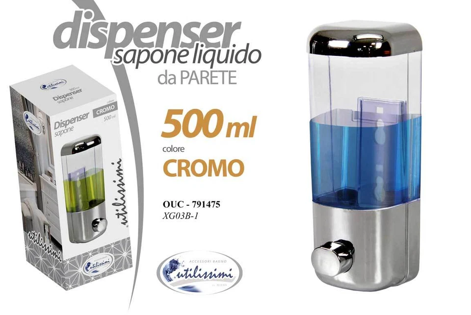 DISPENSER 500 ML PORTA SAPONE LIQUIDO PARETE MURO IGIENIZZANTE IGIENIZZA CROMO - Immagine 3 di 4